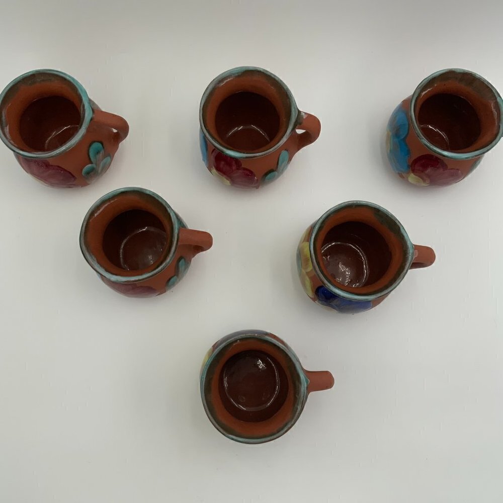 Set of 6 Mexican Clay Pottery Coffee Cup Chocolate Mug Hand Painted Flowers EUC - Picture 13 of 16